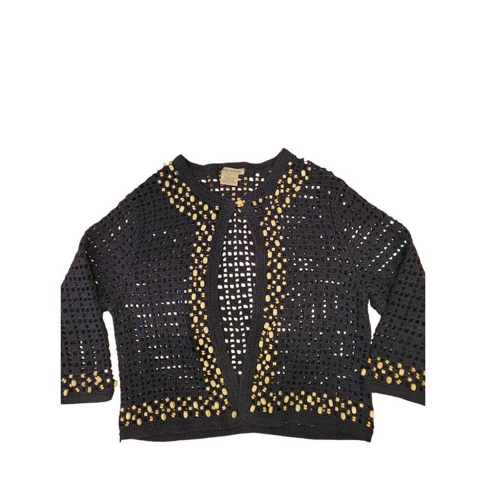 ESCAPADE Cropped Black Open Front 100% Cotton L/S Sweater Wood Bead Trim Size L
